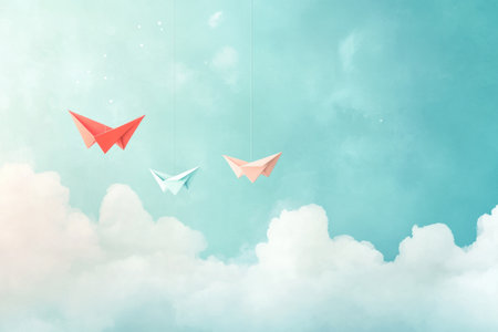A gentle sky features colorful paper planes floating amidst fluffy clouds, enhancing a playful and imaginative ambiance reminiscent of childhood.の素材