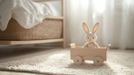 A charming toy bunny sits in a wooden cart on a soft beige rug, enhancing the warmth of a minimalistic room filled with natural light.の素材