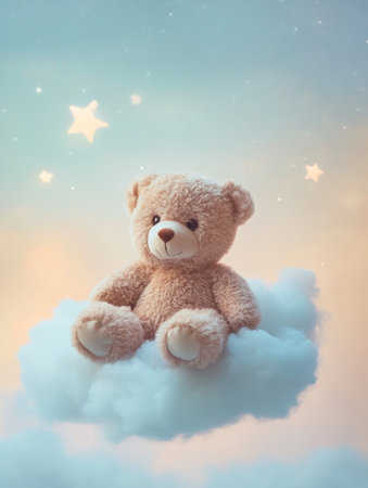 A cozy teddy bear sits peacefully on a small cloud under a pastel evening sky, surrounded by twinkling stars, creating a whimsical atmosphere.の素材