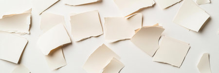 Torn paper stickers scattered on a neutral desk highlight a modern design ideal for creative projects and organization.の素材