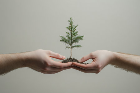 Two hands support a tiny tree filled with potential, emphasizing the importance of nurturing the environment and caring for new life.の素材