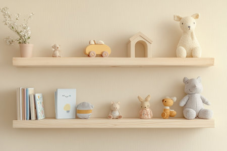 Soft pastel colors create a serene atmosphere with wooden shelves holding a variety of childrens toys, plush animals, and books in a quaint setting.の素材