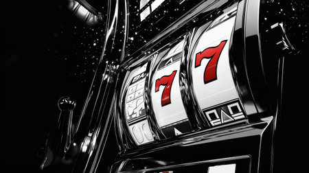 Stylized art showcases a slot machine prominently displaying the number 7, highlighting traditional casino themes in a monochromatic style.の素材