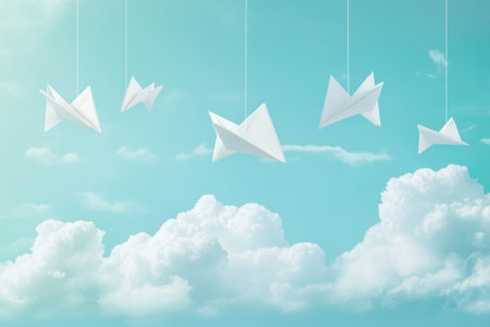 In a soft blue sky, delicate paper planes dangle serenely with fluffy clouds, creating a whimsical, childlike atmosphere perfect for daydreams.の素材