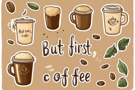 Enjoy a whimsical collection of coffee-themed stickers showcasing cups, beans, and quotes set against a soothing brown background. Perfect for decorating.の素材