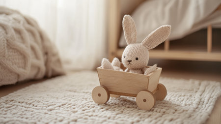 A toy bunny nestled in a wooden cart rests on a soft beige rug, creating a cozy and inviting atmosphere for playtime in a minimalist setting.の素材