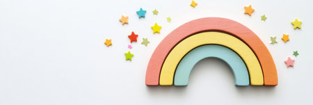 Wooden rainbow toy featuring vibrant colors and playful stars with confetti arranged on a smooth neutral ground, perfect for imaginative activities.の素材
