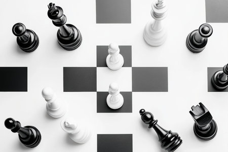 Black and white chess pieces are strategically positioned on a well-maintained white chessboard, showcasing an ongoing match with focused attention.の素材