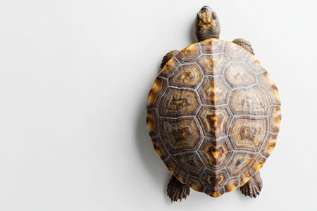 A turtle resting serenely on a simple white surface, highlighting its intricate shell patterns and calm presence in nature.の素材