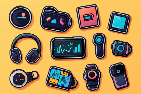 This colorful sticker set features flat icons of modern tech, including smartphones, smartwatches, VR headsets, and wireless earbuds.の素材