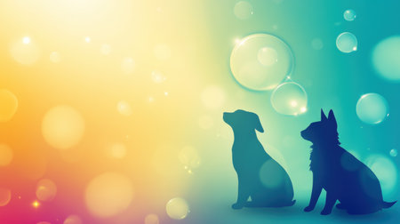 Stylized background features silhouettes of a dog, cat, and rabbit against vibrant soft gradients along with colorful floating bubbles, evoking a playful mood.の素材