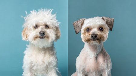 Split image showing a dog with unkempt fur on one side and a freshly groomed version on the other, highlighting the transformation and joy of grooming.の素材