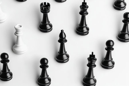 Chess pieces in black and white are neatly laid out on a white board, presenting a symmetrical and organized arrangement ready for play.の素材