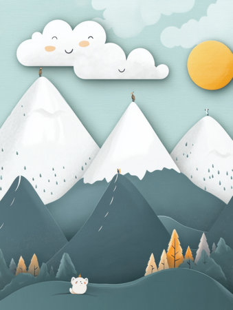 Fluffy clouds drift above whimsical mountains while tiny animals explore vibrant foliage in a peaceful natural habitat during a sunny day.の素材