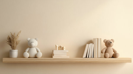 Wooden shelves display soft toys and books in a serene beige interior, ideal for organizing a childs space with a minimalist touch.の素材