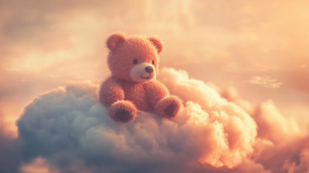 A teddy bear sits peacefully on a fluffy cloud surrounded by a pastel evening sky filled with soft colors, evoking a sense of tranquility and wonder.の素材