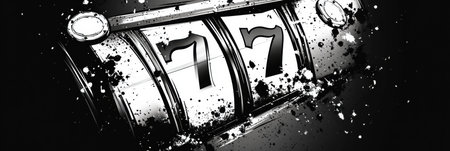 A striking black and white depiction of a vintage-style slot machine showing the number 7, adorned with creative splashes and details for artistic flair.の素材