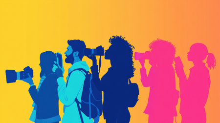 Silhouetted figures of individuals immersed in photography hold cameras and phones against a bright, colorful backdrop, showcasing creativity and connection.の素材