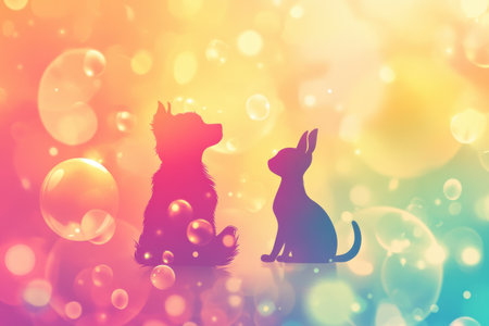 Stylized silhouettes of a dog and cat interact against a backdrop filled with vibrant bubbles and soft gradients, creating a cheerful atmosphere.の素材