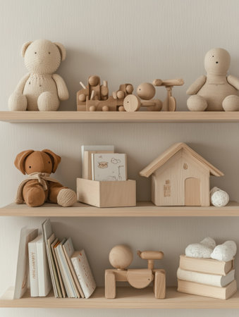 Wooden shelves display neatly arranged toys and books in calming pastel beige, creating a minimal aesthetic for any playroom.の素材