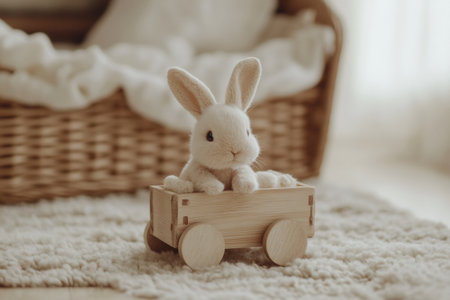 Soft bunny sits comfortably in a small wooden cart on a plush beige rug, adding charm to a simple, cozy play environment during a calm afternoon.の素材