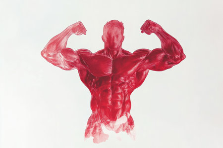 The muscle illustration showcases strength and detail in vivid red against a white background, highlighting anatomy dramatically.の素材