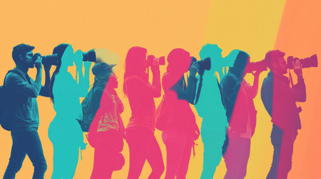 Groups of people engaging with their cameras and phones create dynamic silhouettes on a colorful background, showing the joy of capturing moments together.の素材