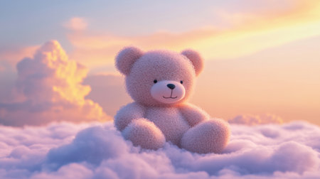 A soft teddy bear is comfortably resting on a small cloud surrounded by a pastel evening sky filled with gentle hues, evoking a dreamy feeling at dusk.の素材