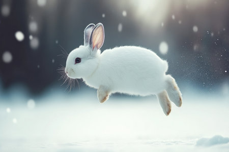 A white bunny joyfully jumps with its ears raised, captured in mid-air over a clean, soft background that highlights the beauty of winter.の素材