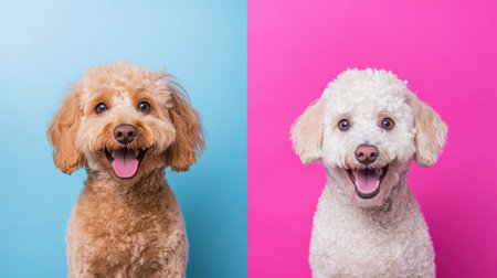 A dog is shown in two contrasting states, before and after grooming, highlighting the playful nature and dramatic fur makeover with bright backgrounds.の素材