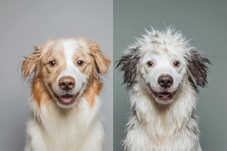 Before and after grooming shows a happy dog with clean fur on the left and messy fur on the right, capturing a playful transformation in appearance.の素材