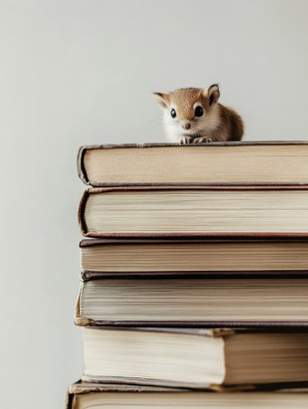 A stack of books stacked neatly displays small, adorable animals peering out, creating a peaceful atmosphere perfect for relaxation and reading.の素材