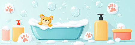 Happy pet is enjoying a bath surrounded by soap bubbles, paw prints, and colorful animal shampoo bottles in a playful cartoon style.の素材