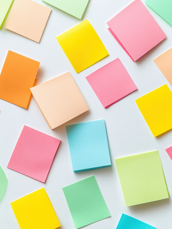 Brightly colored sticky notes and paper tabs scattered neatly across a white desk surface, showing a vibrant workspace ideal for planning and creativity.の素材