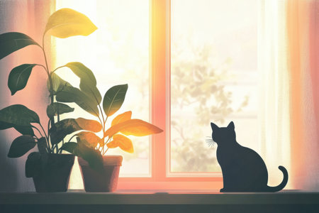 Sunlight streams through a window, casting warm pastel hues while a cat silhouette sits near potted plants, creating a serene indoor atmosphere.の素材