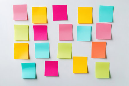 Neatly arranged sticky notes and paper tabs in vibrant colors on a white desk background highlight organization and creativity in a workspace.の素材