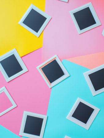 White Polaroid frames are playfully arranged on a colorful surface with bright geometric shapes for creative expression.の素材