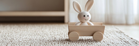 In a tranquil child's play space, a soft bunny toy sits happily in a wooden cart on a cozy beige rug, inviting imaginative play during afternoon hours.の素材