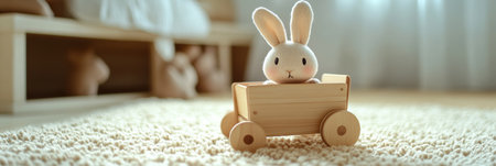 A cute toy bunny sits comfortably in a wooden cart on a soft beige rug, creating a warm and inviting atmosphere in a playful space.の素材