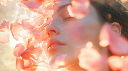 Flower petals dance in the gentle wind, forming a beautiful silhouette of a human amidst a warm, glowing nature scene during sunset.の素材