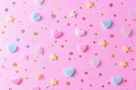 Soft pastel pink backdrop features scattered tiny hearts, stars, and sparkles, offering a whimsical and playful aesthetic perfect for crafts and decorations.の素材