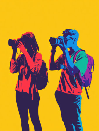 Two figures hold cameras and phones, engaged in capturing moments, highlighting their love for photography in a bright and lively setting.の素材