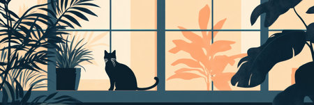 Light filters through a window, casting soft tones on plants while a cat sits quietly, embodying a peaceful indoor setting and a cozy vibe.の素材