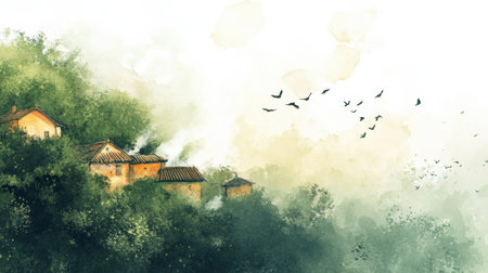 Colorful birds soar gracefully over a sleepy village surrounded by lush greenery as dawn light warms the sky, creating a calm and dreamy ambiance.の素材