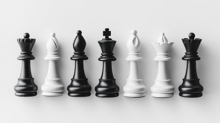 Chess pieces in black and white displayed in a clean and organized manner on a white board, highlighting the classic game setup for strategy and skill.の素材