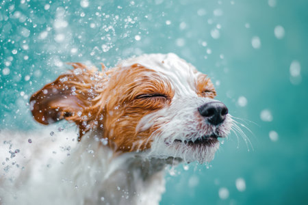 Dog joyfully shakes off water after a bath, creating splashes as sunlit droplets capture the fun of the moment in a bright environment.の素材