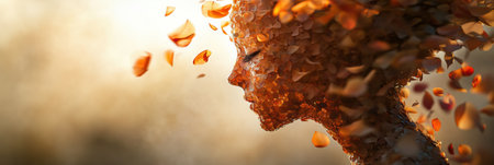 Gentle breeze swirls flower petals into a delicate human figure, capturing the essence of natures beauty during the golden hour of twilight.の素材