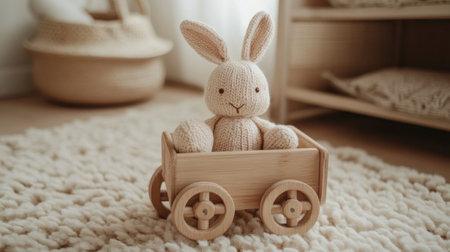 A soft beige rug features a knitted toy bunny sitting in a wooden cart, creating a charming and minimalistic ambiance in the playroom.の素材