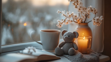 A cup of tea rests beside a flickering candle on the window sill, accompanied by a soft mouse plushie and delicate flowers, evoking tranquility at twilight.の素材