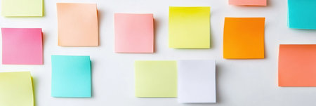 Sticky notes and paper tabs are arranged in an organized manner on a clean white desk, showing various colors designed for planning and reminders.の素材